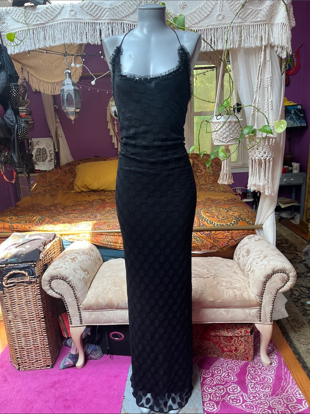 Coquette Goth black mesh sequin ruffle trim maxi bodycon formal dress
